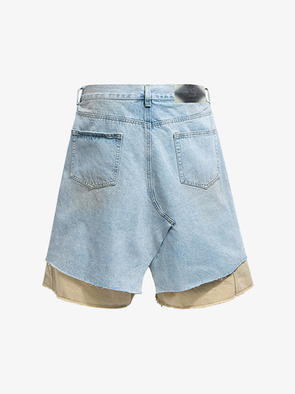 Cotton Denim Layered Ripped Shorts with Beige Underlayer for Men and Women, Fashionable Streetwear Style?
