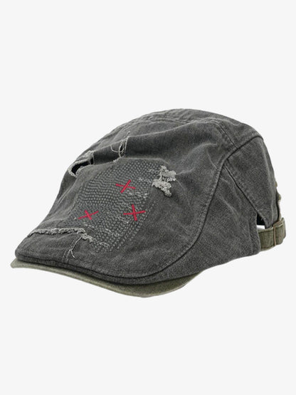 Cotton Denim Patchwork Flat Cap with Embroidered Red Panel and Distressed Details?
