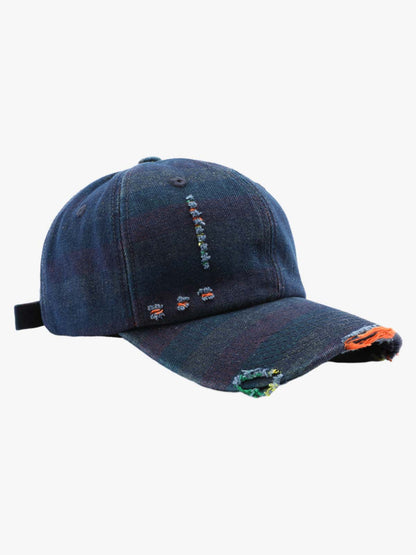 Denim Baseball Cap with Distressed Design and Colorful Stitching for Casual Wear?