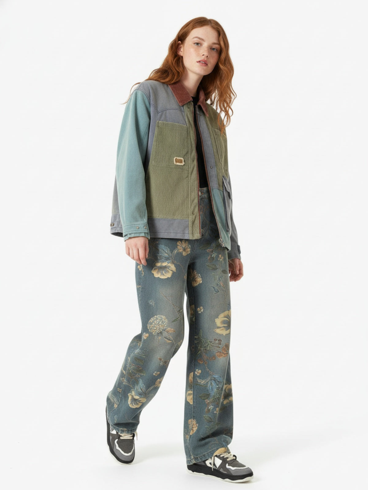 Denim Floral Print Carpenter Jeans - 2237