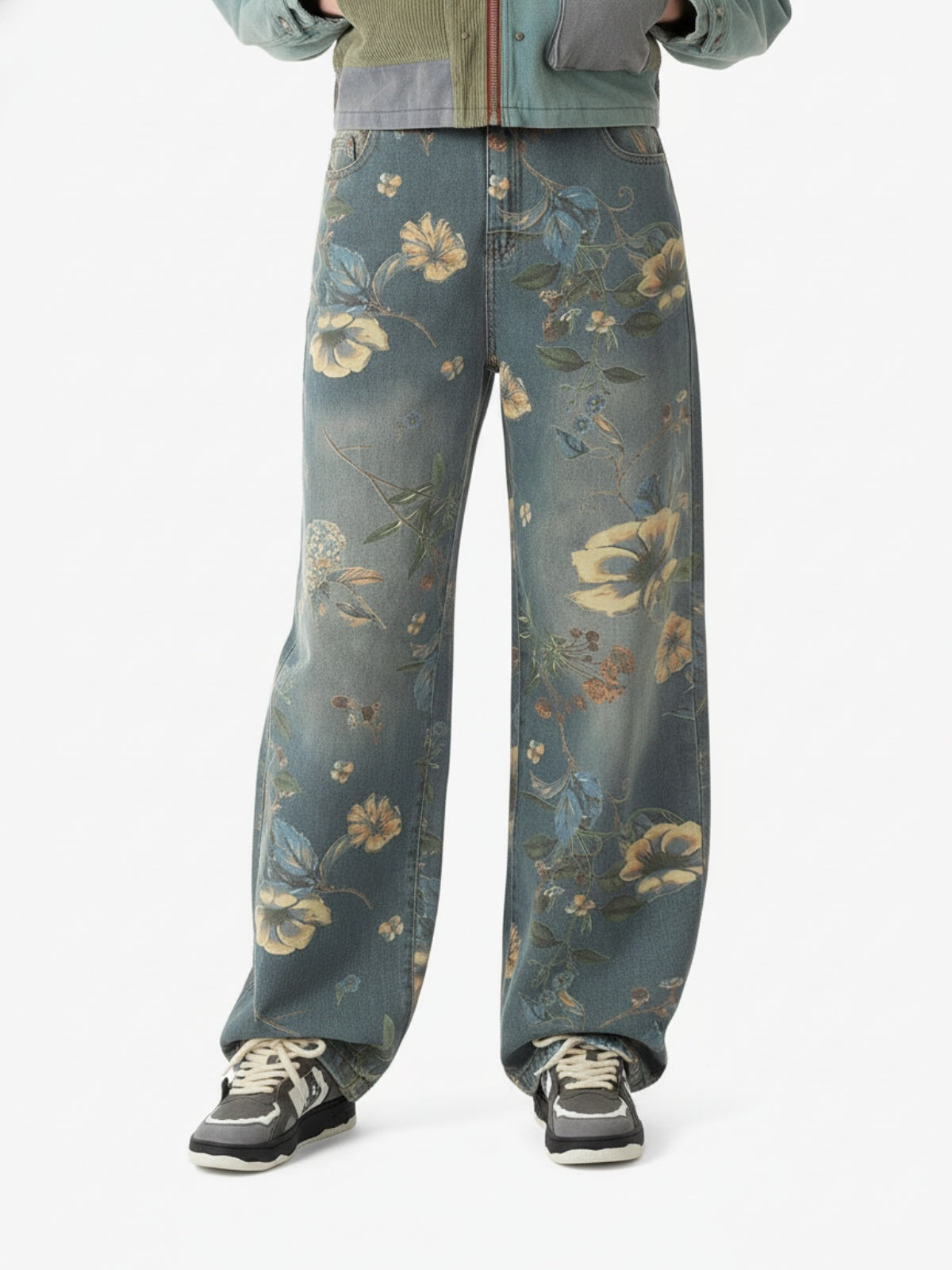 Denim Floral Print Carpenter Jeans - 2237