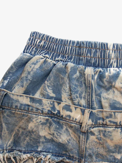 Double Waistband Acid Wash Patchwork Cargo Jeans