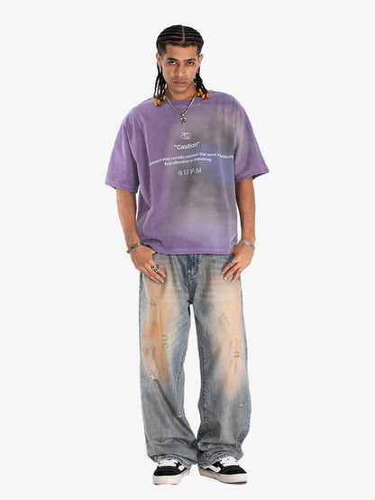 300G Cotton Jade Pattern Dyed T-Shirt with Caution Print Oversized Streetwear Tee?