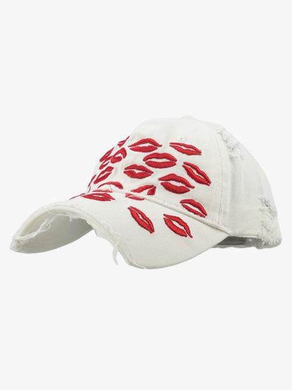 Cotton Distressed Baseball Cap with Red Lip Embroidery - Vintage Style Women's Hat?
