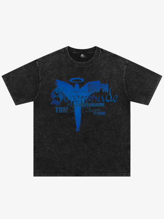 THE SUPERMADE Distressed Graphic Print Oversized T-Shirt with Bold Typography Design 