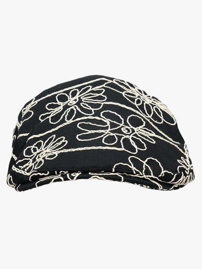 Cotton Embroidered Floral Flat Cap for Women - Black with Cream Stitching?