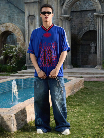 Supermade Color-Blocked V-Neck Embroidered Jersey Short-Sleeved?