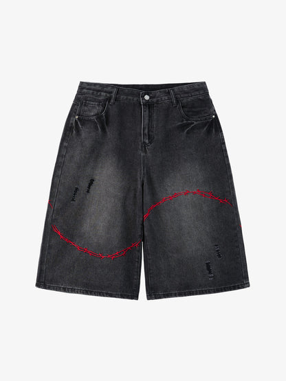 Denim Shorts with Barbed Wire Embroidery and Ripped Details for Men?