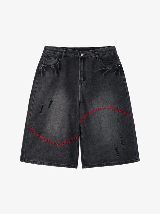 Denim Shorts with Barbed Wire Embroidery and Ripped Details for Men?
