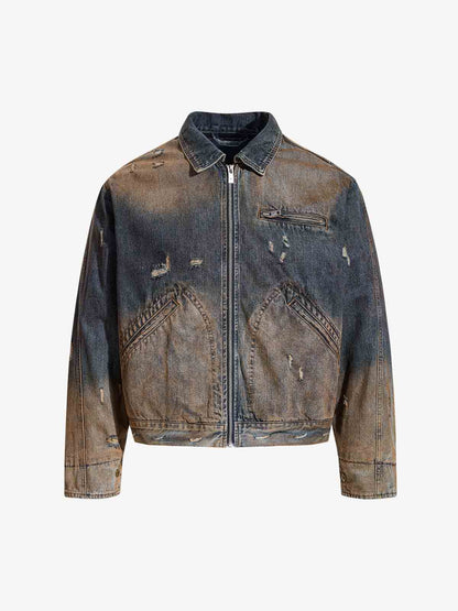 Vintage Washed Distressed Denim Zip Up Jacket