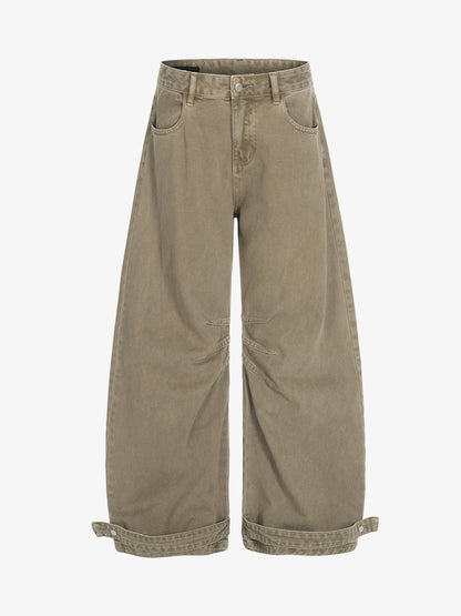 Olive Green Wide-Leg Cargo Pants with High Waist and Multiple Pockets 