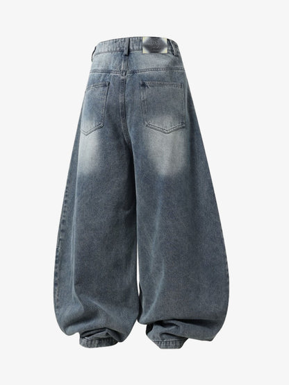 Denim Wide Leg Baggy Pants with Distressed Wash and Cuffed Hem for Women 
