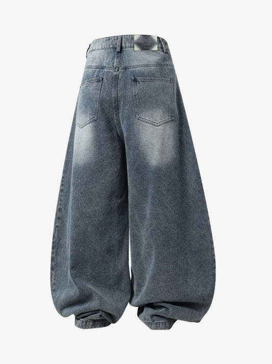 Denim Wide Leg Baggy Pants with Distressed Wash and Cuffed Hem for Women 