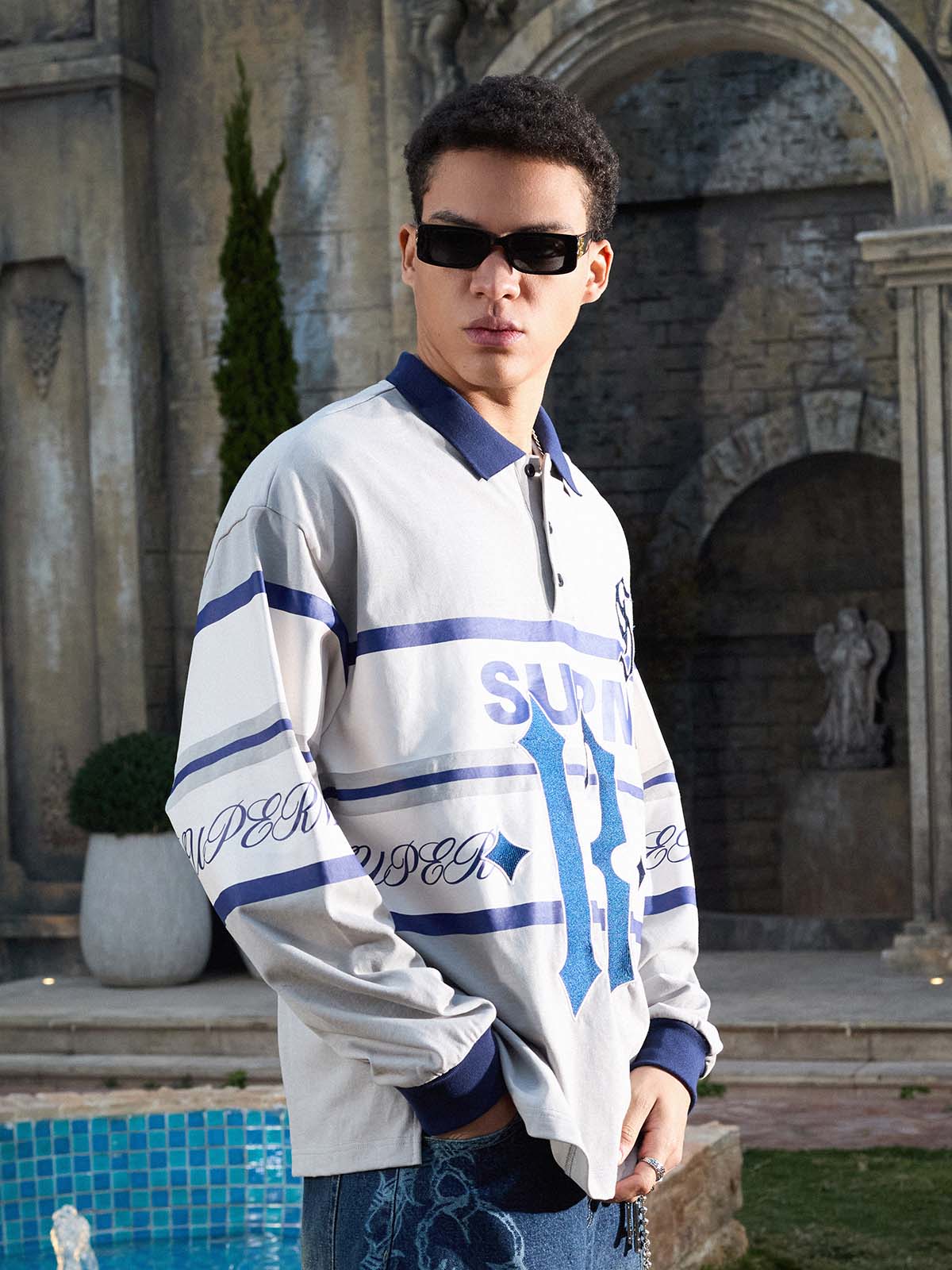 Supermade Color-Blocked Polo Collar Embroidered Print Long-Sleeved Jersey?