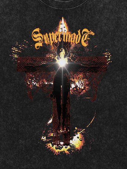 THE SUPERMADE Gothic Flame Cross Graphic T-Shirt for Bold Statement Wear 