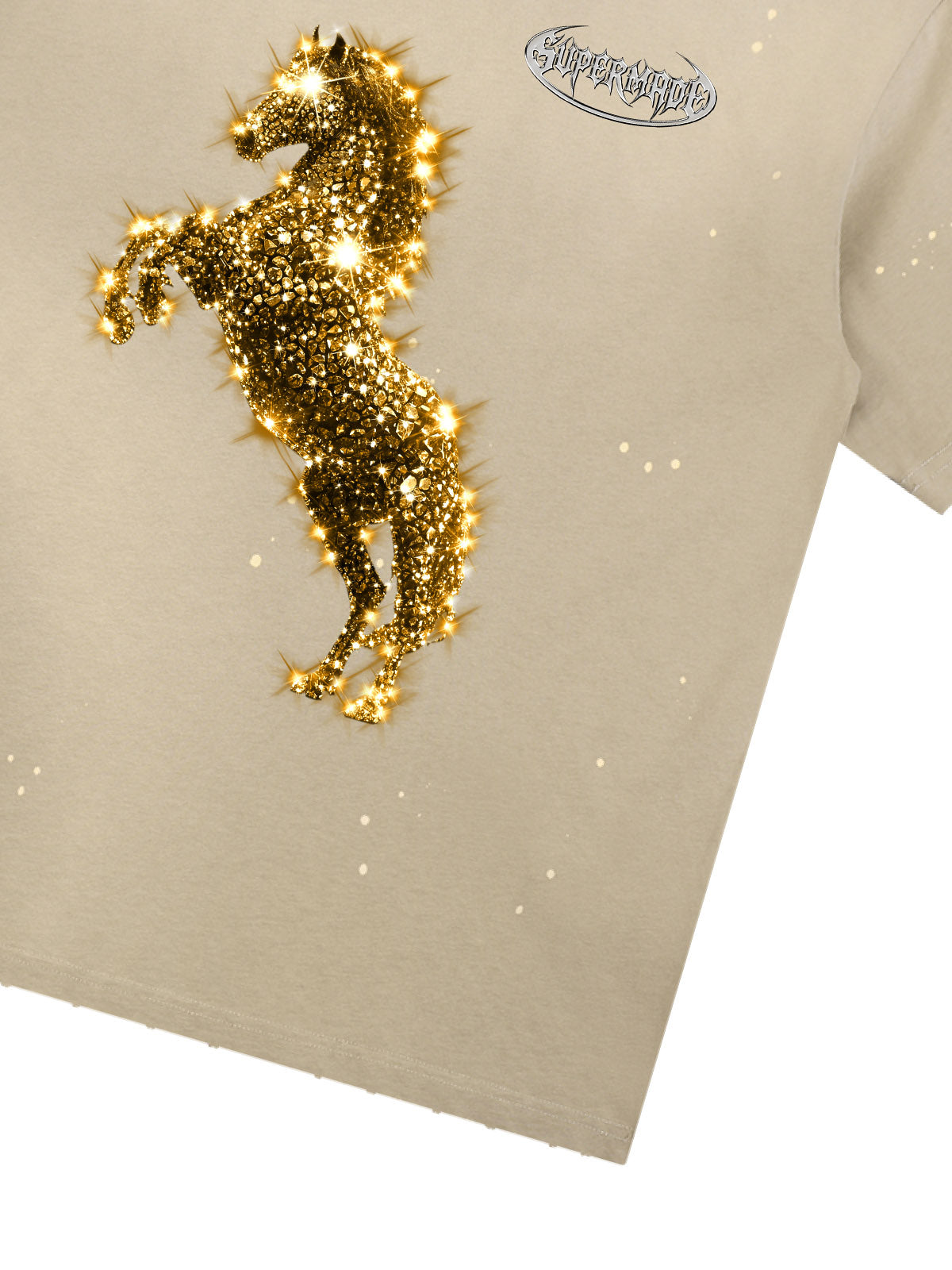 Unisex Washed Ink Blending Dual Color Cotton Horse Year Embroidered Diamond Horse Element Pattern Short-Sleeve T-Shirt?