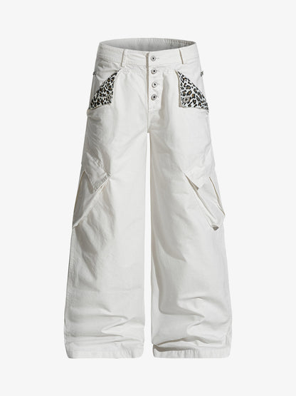 Vintage Patchwork Leopard Pocket Wide Leg Cargo Pants