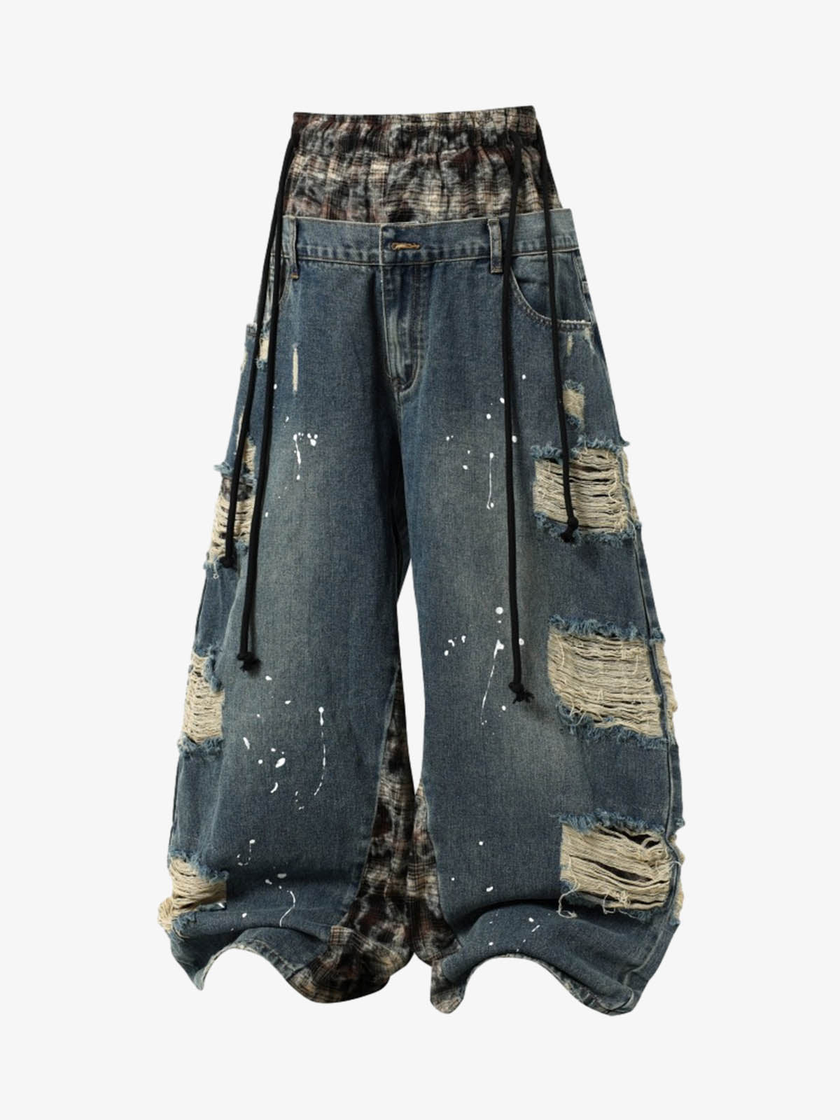 Denim Patchwork Wide Leg Pants with Drawstring Waist and Distressed Details 