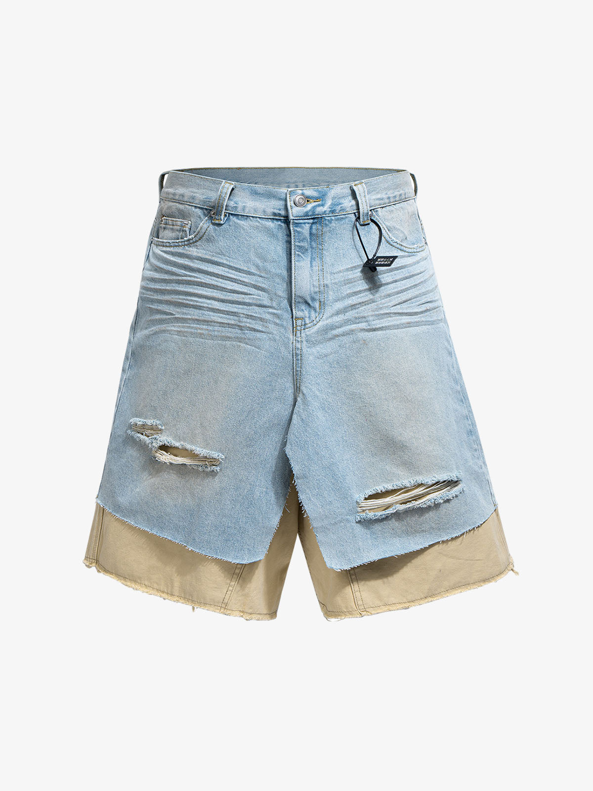 Cotton Denim Layered Ripped Shorts with Beige Underlayer for Men and Women, Fashionable Streetwear Style?