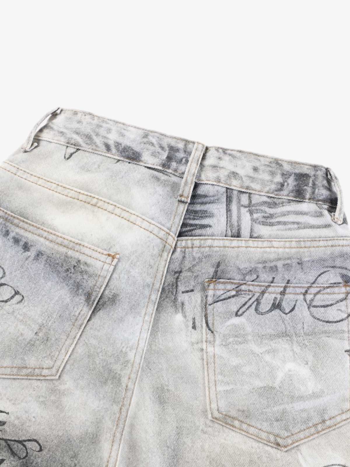 Denim Wide Leg Pants with Graffiti Print High Waist Baggy Style Streetwear Jeans for Men and Women 