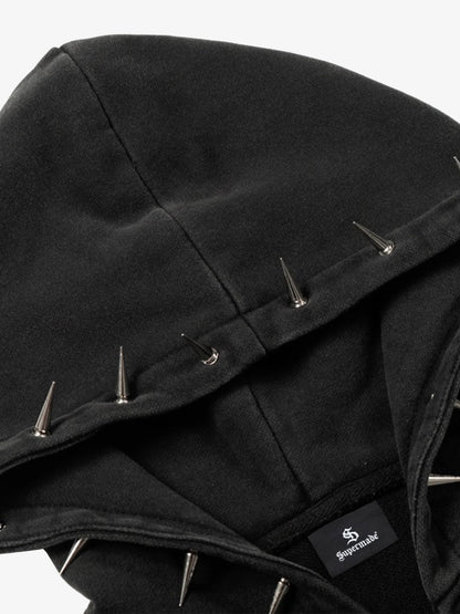 Cotton Blend Punk Style Hooded Zip-Up Sweatshirt with Studs and Pockets?