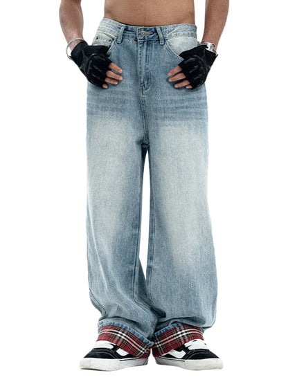 Vintage Washed Plaid Baggy Jeans 