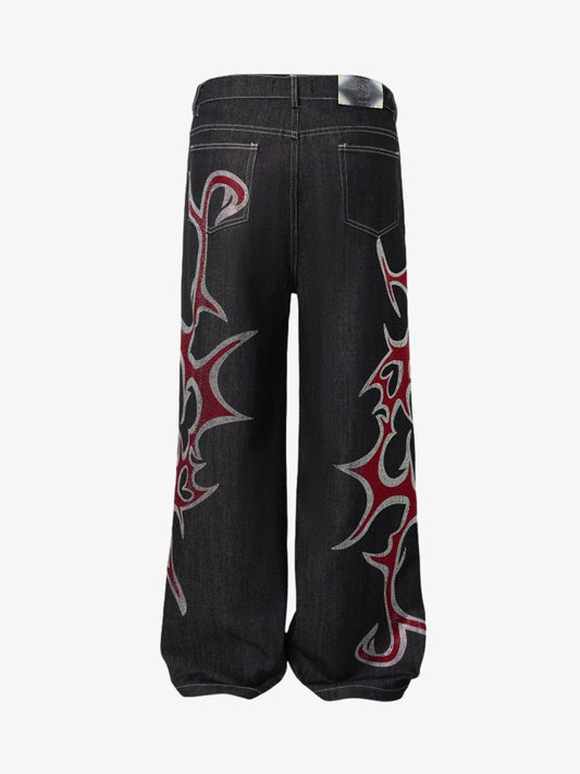 Denim Wide Leg Pants with Red Embroidery Design for Women Fashion Streetwear 