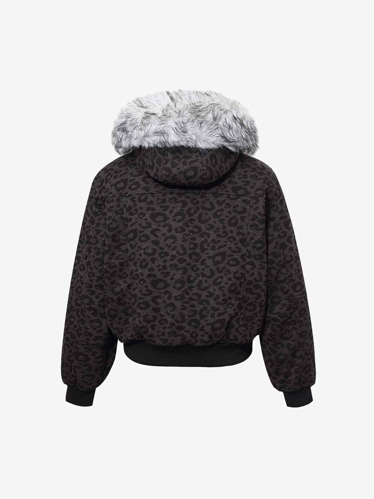 Retro Faux Fur Trimmed Hood Leopard Print Bomber Jacket 