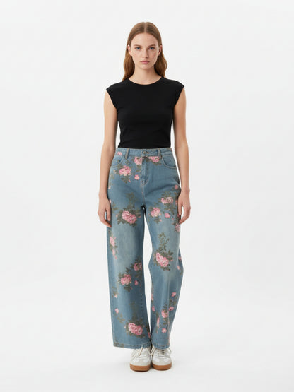 Thesupermade Floral Print Straight Jeans - 2409