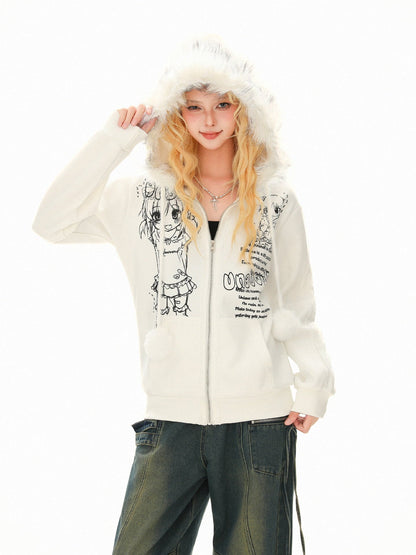 Retro Plush Collar Cartoon Anime Zip-Up Hoodie 