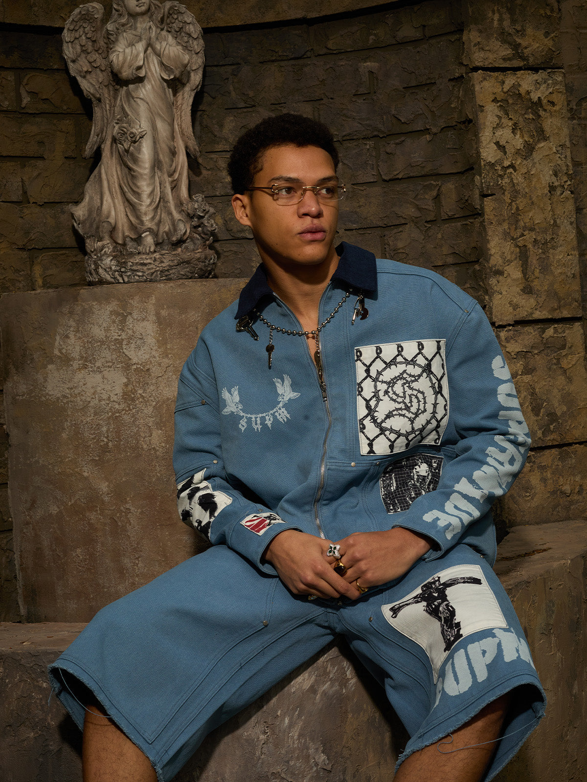 Supermade Multi-Element Appliqu¨¦ Patchwork Denim Suit?