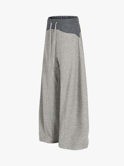 Contrast Check Waist Wide Leg Drawstring Sweatpants
