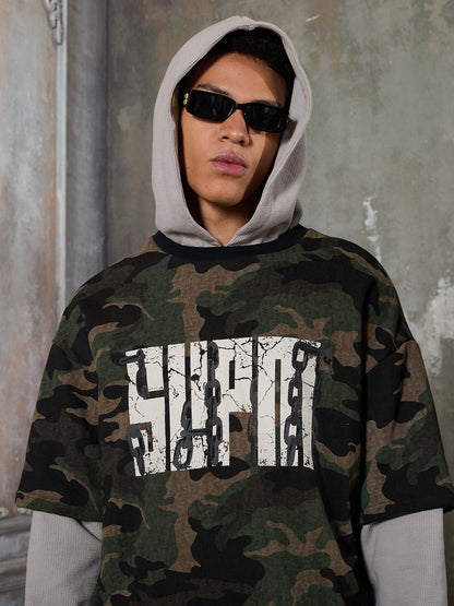 Supermade Camouflage Patchwork Faux Two-Piece Hooded Top?