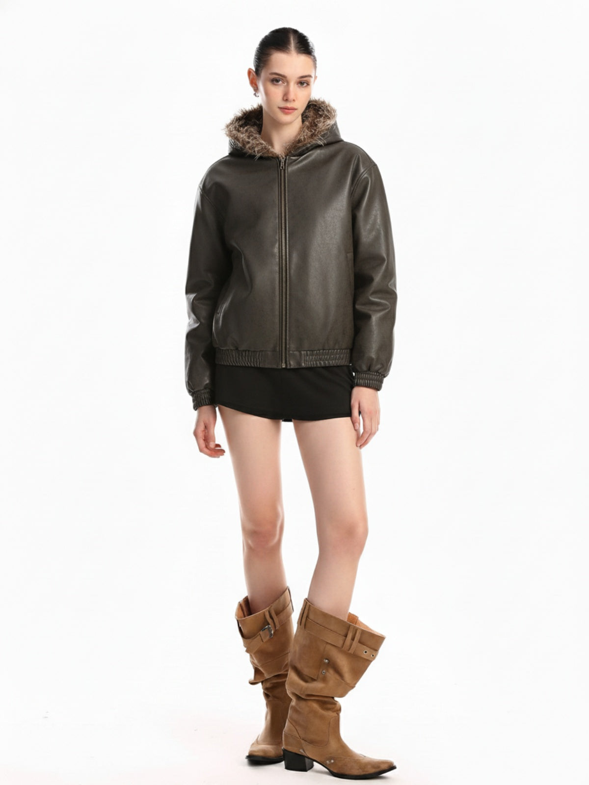 Vintage Faux Fur Hood Lined PU Zip Up Bomber Jacket