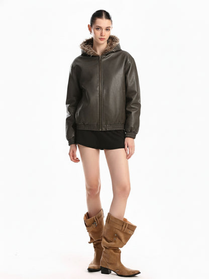 Vintage Faux Fur Hood Lined PU Zip Up Bomber Jacket