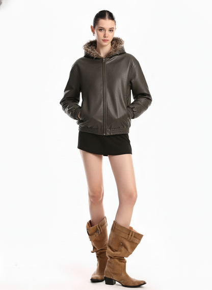 Vintage Faux Fur Hood Lined PU Zip Up Bomber Jacket