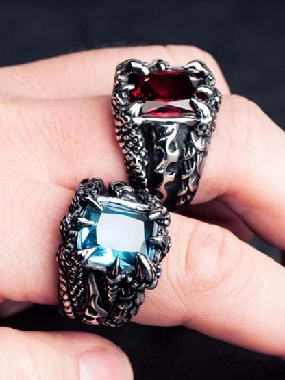Sterling Silver Dragon Claw Ring with Red and Blue Gemstone, Gothic Statement Jewelry for Men and Women 