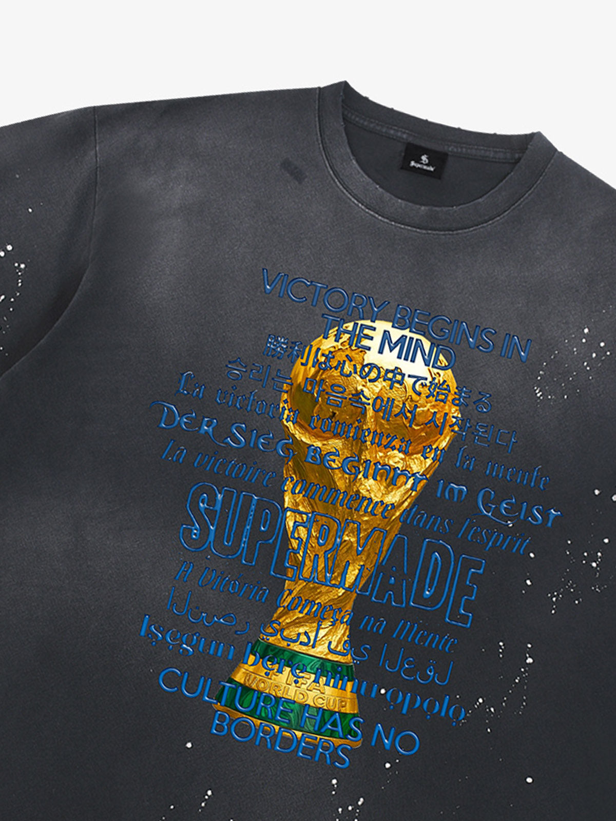 Heavy Wash Splash Ink Loose Edition Short Sleeve T-Shirt with "FIFA" World Cup Motif printed with the "FIFA" motto and multilingual design motif 