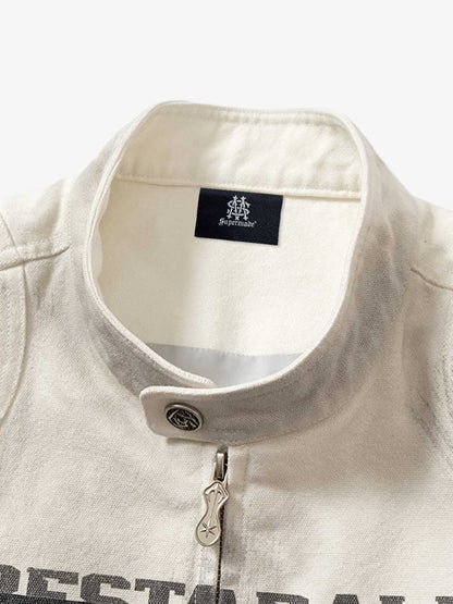 Thesupermade Skull Print Paneled Stand-up Collar Leather Jacket 