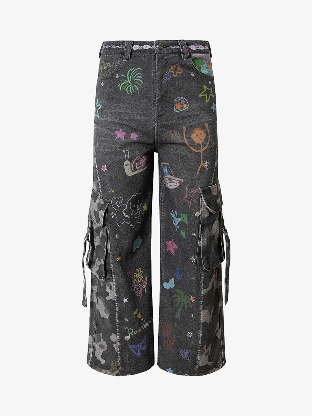 Thesupermade Graffiti Print Cold Transfer Camouflage Layered Cargo Jeans 