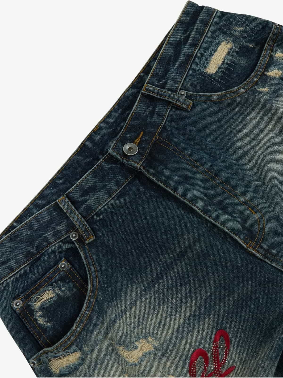 Retro Rhinestone Letter Embroidery Distressed Baggy Jeans 