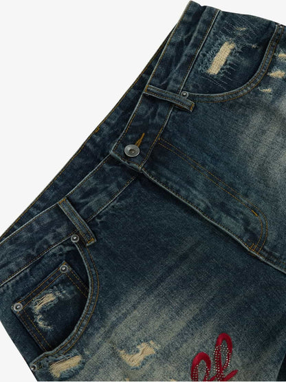 Retro Rhinestone Letter Embroidery Distressed Baggy Jeans 