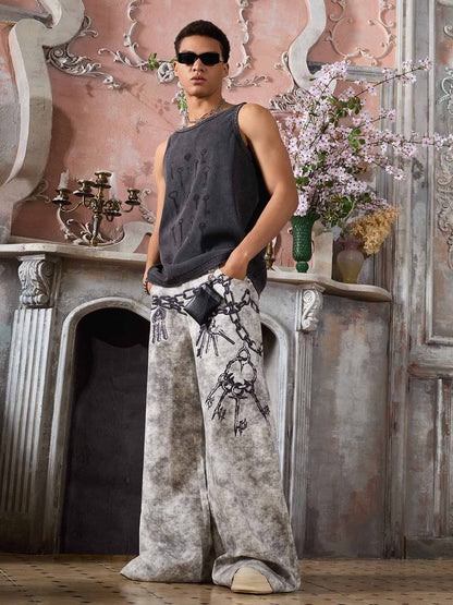 Supermade Distressed Chain And Key Print Baggy Pants?