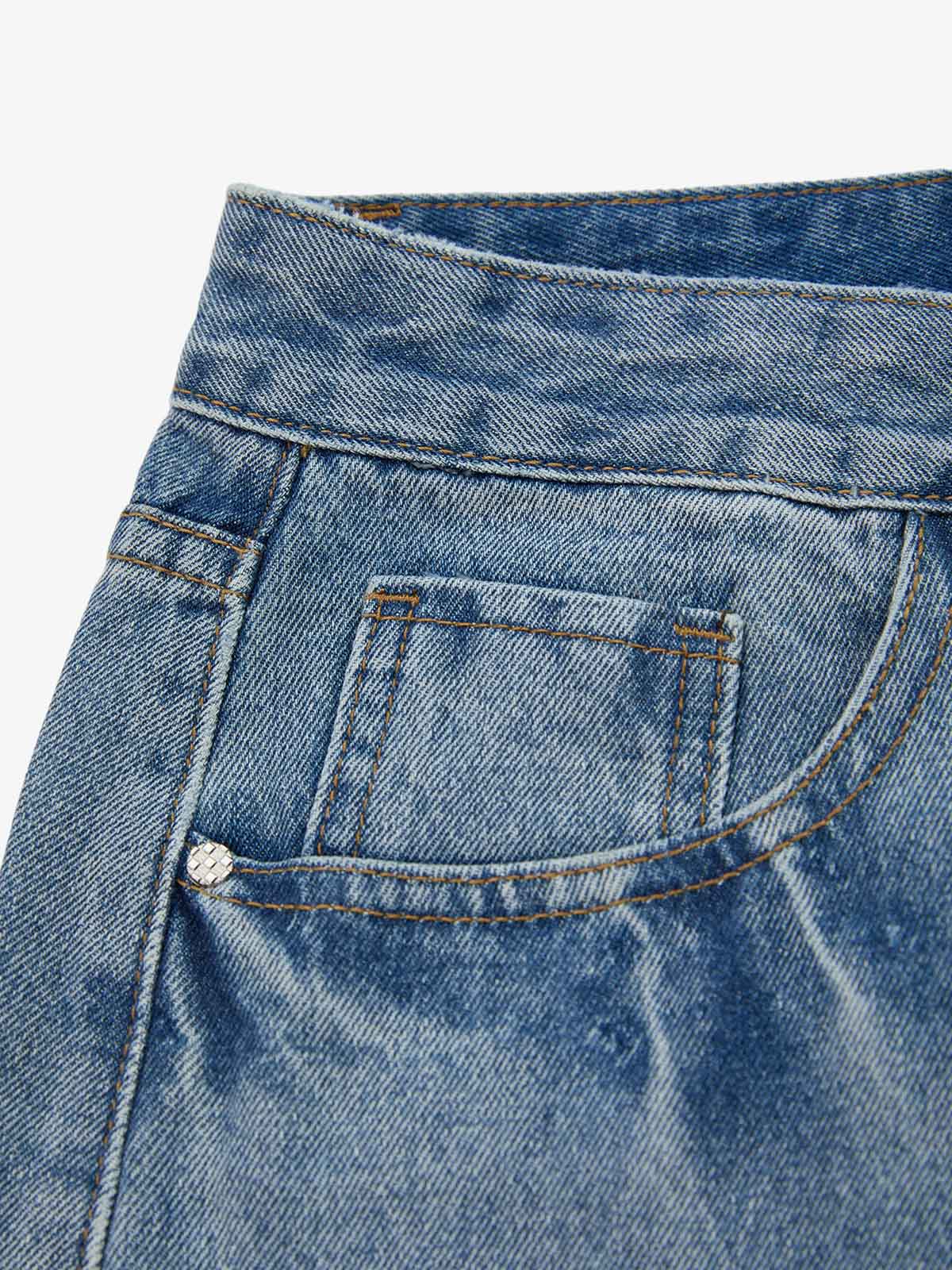 Denim Shorts with Barbed Wire Embroidery and Ripped Details for Men?