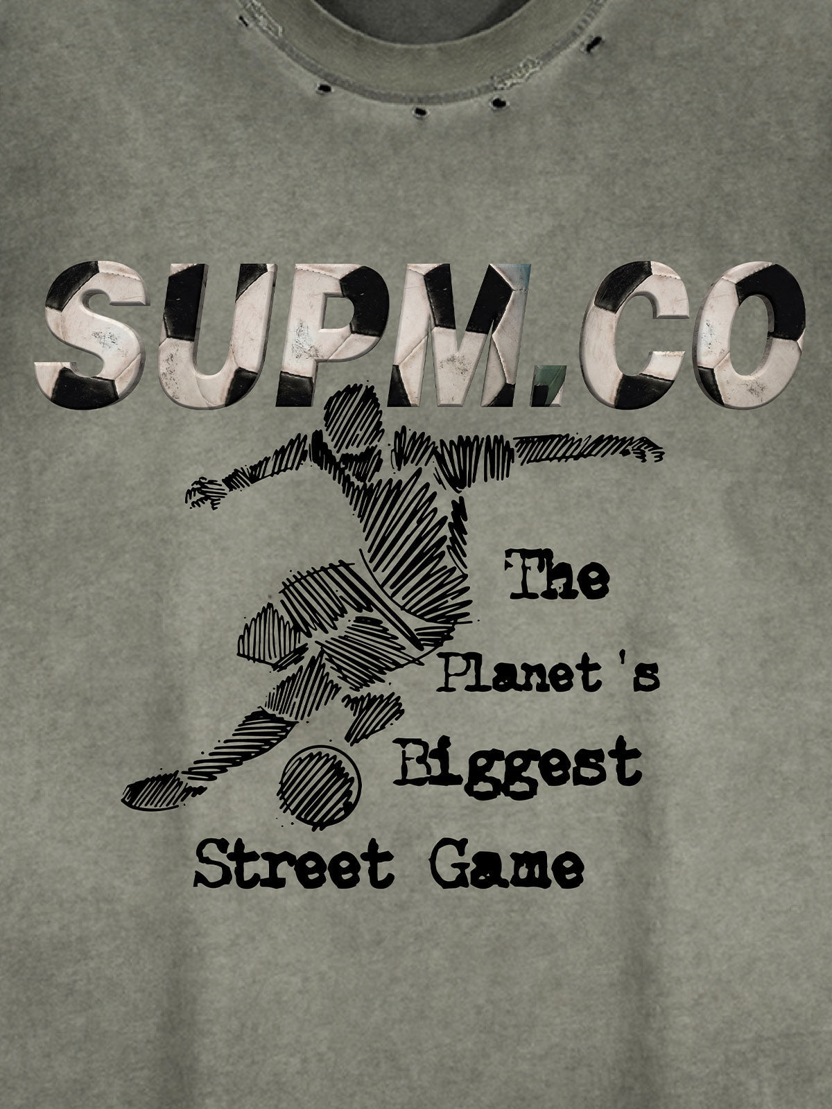 Distressed streetwear style loose sleeveless vest, decorated with a soccer print pattern and distressed and washed details, with metal eyelet details. 