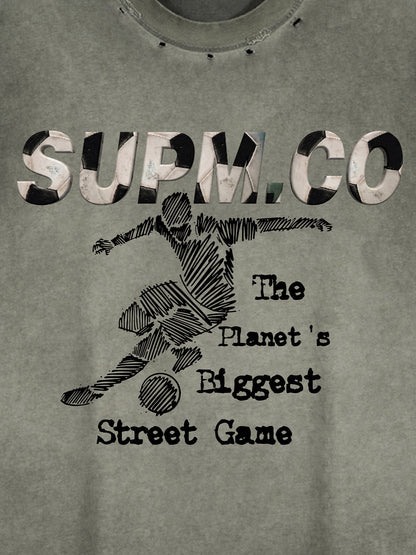 Distressed streetwear style loose sleeveless vest, decorated with a soccer print pattern and distressed and washed details, with metal eyelet details. 