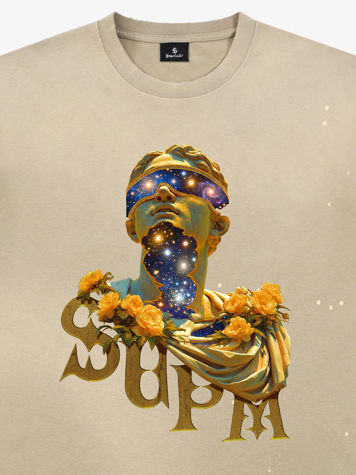 THE SUPERMADE-Wash and splash ink Galaxy Art Print T-Shirt with Cosmic Statue Design for Men and Women?