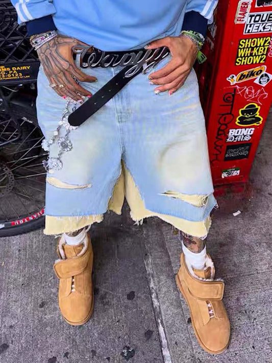 Cotton Denim Layered Ripped Shorts with Beige Underlayer for Men and Women, Fashionable Streetwear Style?