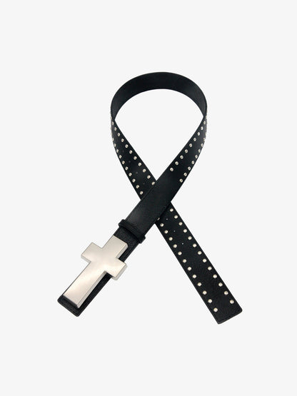 Studded Black Leather Belt with Cross Buckle for Men and Women?
