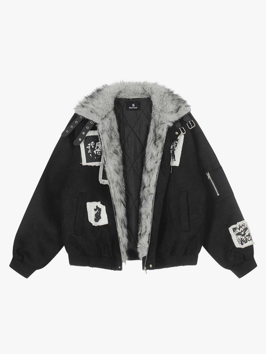 Faux Fur Collar Patchwork Embroidered Quilted Jacket